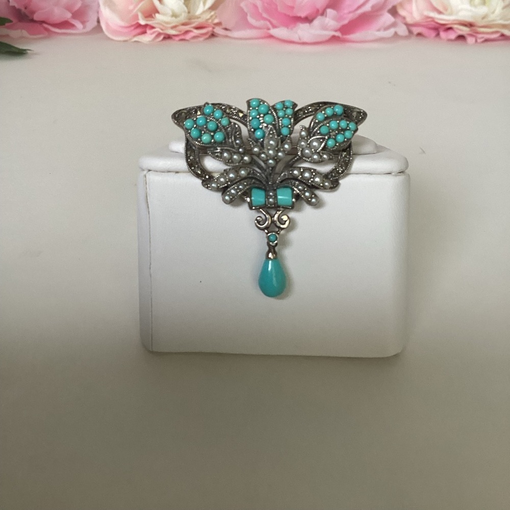 S/S PIN,SLEEPING BEAUTY TURQUOISE WITH SEED PEARLS - Picture 1 of 7